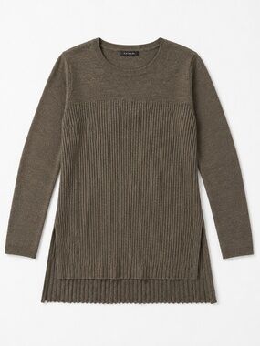 Tahari 100% Extrafine Merino wool sweater L khaki hi/low old money luxury office
